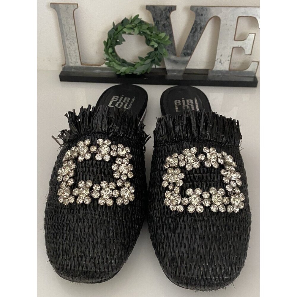 Bibi Lou Raffia Gem Jeweled Mule Slide Slip On Slipper Shoes Woven Black Sz 36/6